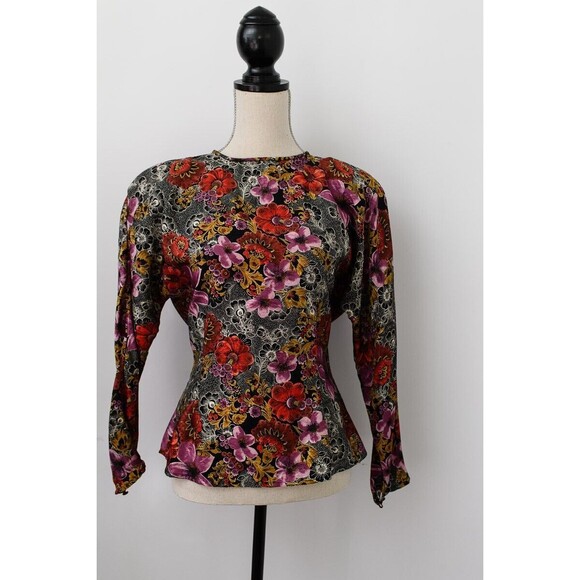 vintage tess 80's dark floral blouse satin size 8 button back fairy coquette - Picture 1 of 6